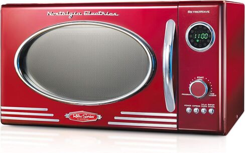 Nostalgia RMO4RR Retro Large 0.9 cu ft, 800-Watt Countertop Microwave Oven, 12 Pre-Programmed Cooking Settings, Digital Clock, Easy Clean Interior, Metallic Red in Saudi Arabia