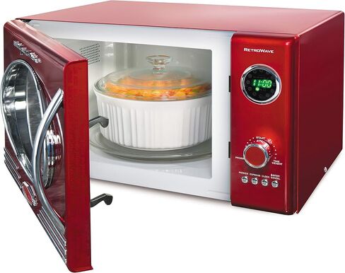 Nostalgia RMO4RR Retro Large 0.9 cu ft, 800-Watt Countertop Microwave Oven, 12 Pre-Programmed Cooking Settings, Digital Clock, Easy Clean Interior, Metallic Red in Saudi Arabia