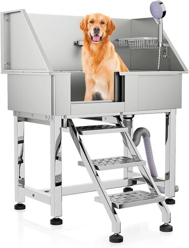محطة غسيل الكلاب MoNiBloom مقاس 32 بوصة للمنزل، محطة غسيل الكلاب الصغيرة من الفولاذ المقاوم للصدأ مع ملحقات وخطوات كاملة، باب منزلق لحوض استحمام الحيوانات الأليفة بسعة تصل إلى 110 رطل in Kuwait