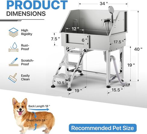 محطة غسيل الكلاب MoNiBloom مقاس 32 بوصة للمنزل، محطة غسيل الكلاب الصغيرة من الفولاذ المقاوم للصدأ مع ملحقات وخطوات كاملة، باب منزلق لحوض استحمام الحيوانات الأليفة بسعة تصل إلى 110 رطل in Kuwait