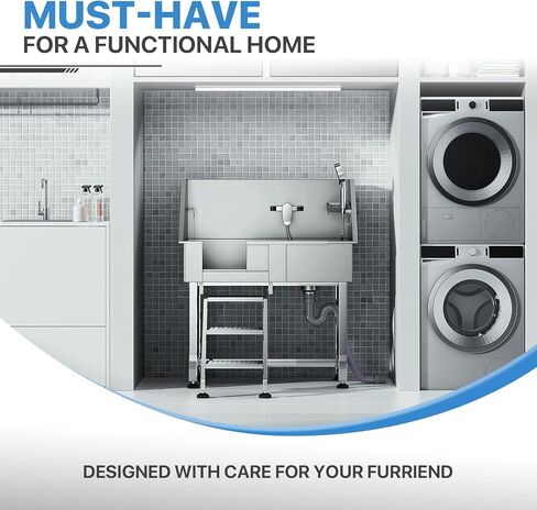 محطة غسيل الكلاب MoNiBloom مقاس 32 بوصة للمنزل، محطة غسيل الكلاب الصغيرة من الفولاذ المقاوم للصدأ مع ملحقات وخطوات كاملة، باب منزلق لحوض استحمام الحيوانات الأليفة بسعة تصل إلى 110 رطل in Kuwait