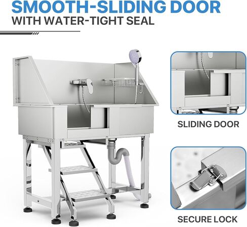 محطة غسيل الكلاب MoNiBloom مقاس 32 بوصة للمنزل، محطة غسيل الكلاب الصغيرة من الفولاذ المقاوم للصدأ مع ملحقات وخطوات كاملة، باب منزلق لحوض استحمام الحيوانات الأليفة بسعة تصل إلى 110 رطل in Kuwait