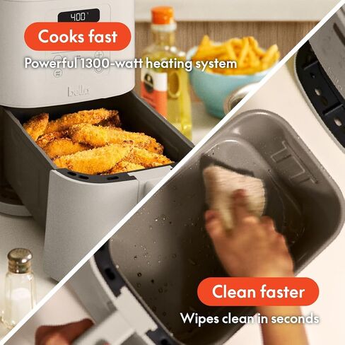 bella 4Qt Slim Air Fryer, Fits-anywhere Kitchenware, EverGood Ceramic Nonstick Coating, Adjustable Temperature, 6 Preset Cooking Options, 60 Min Auto Shutoff w Audible Tone, 3.3lb Capacity, Oatmilk in Saudi Arabia