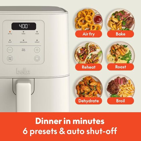 bella 4Qt Slim Air Fryer, Fits-anywhere Kitchenware, EverGood Ceramic Nonstick Coating, Adjustable Temperature, 6 Preset Cooking Options, 60 Min Auto Shutoff w Audible Tone, 3.3lb Capacity, Oatmilk in Saudi Arabia
