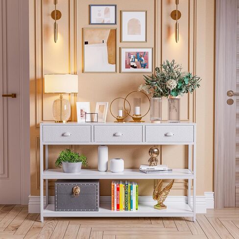 White Long 47" Console Sofa Table with 3 Drawers, Entryway Table with 3-Tier Storage Shelves, Display Shelf for Entry Way, Hallway, Couch, Living Room, Kitchen, Foyer in Saudi Arabia