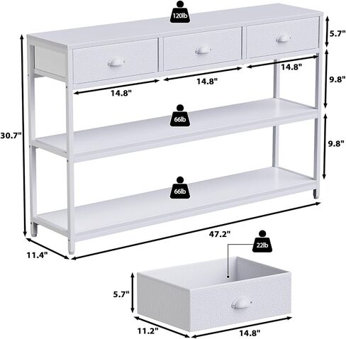 White Long 47" Console Sofa Table with 3 Drawers, Entryway Table with 3-Tier Storage Shelves, Display Shelf for Entry Way, Hallway, Couch, Living Room, Kitchen, Foyer in Saudi Arabia
