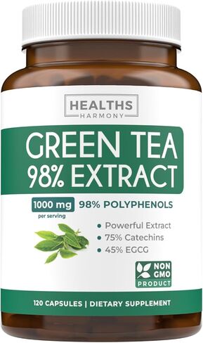 مستخلص الشاي الأخضر 98% مع EGCG - 120 كبسولة (غير معدلة وراثيًا) لتعزيز عملية التمثيل الغذائي الطبيعي - أوراق البوليفينول بمضادات الاكسدة - مكمل مضاد للأكسدة - 1000 مجم (500 مجم لكل كبسولة) in Saudi Arabia