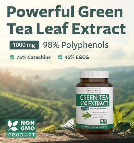 مستخلص الشاي الأخضر 98% مع EGCG - 120 كبسولة (غير معدلة وراثيًا) لتعزيز عملية التمثيل الغذائي الطبيعي - أوراق البوليفينول بمضادات الاكسدة - مكمل مضاد للأكسدة - 1000 مجم (500 مجم لكل كبسولة) in Saudi Arabia