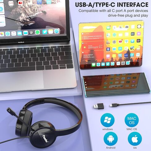 Headset with Mic, Pander USB Wired Headset with Microphone for PC, Computer Headset with Noise Cancelling Microphone, USB/USB-C Headsets with Microphone for Work Office Online Class Skype Zoom Meeting in Saudi Arabia