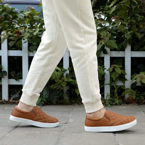 STQ Slip On Shoes for Women Quilted Fashion Sneakers | Non-Slip TPR Sole, Faux Leather Upper, Cushioned Insole, Blister-Free Heel, Perfect for Spring & Fall Outfits in Saudi Arabia