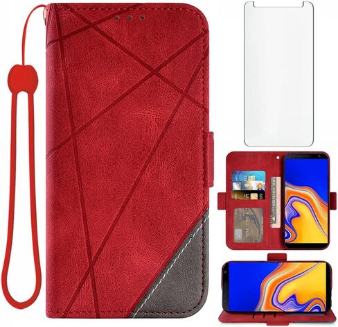Asuwish Compatible with Samsung Galaxy J4 Plus Wallet Case and Tempered Glass Screen Protector Flip Card Holder Cell Accessories Phone Cover for Glaxay J4 Prime Gaxaly J4 Core J4+ 2018 Women Men Red in Kuwait