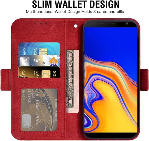 Asuwish Compatible with Samsung Galaxy J4 Plus Wallet Case and Tempered Glass Screen Protector Flip Card Holder Cell Accessories Phone Cover for Glaxay J4 Prime Gaxaly J4 Core J4+ 2018 Women Men Red in Kuwait