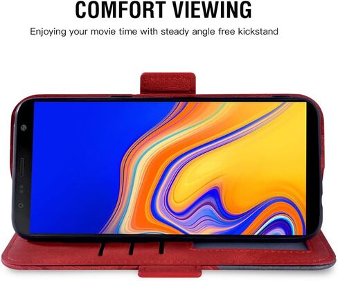 Asuwish Compatible with Samsung Galaxy J4 Plus Wallet Case and Tempered Glass Screen Protector Flip Card Holder Cell Accessories Phone Cover for Glaxay J4 Prime Gaxaly J4 Core J4+ 2018 Women Men Red in Kuwait