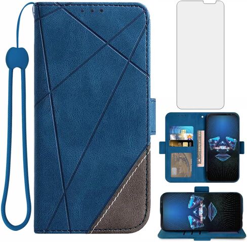 Asuwish متوافق مع Asus ROG Phone 5/5 Pro/5s/5s Pro/5 Ultimate Wallet Case وواقي شاشة من الزجاج المقسى وحامل بطاقات قلاب وغطاء هاتف لملحقات الهاتف ROG Phone5 Phone5s والنساء والرجال باللون الأزرق in Saudi Arabia