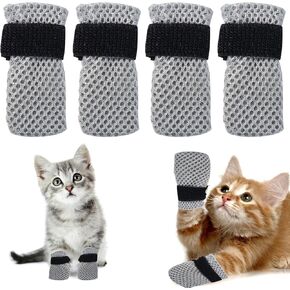 4Pcs Cat Booties Anti Scratch Cat Mittens, Cat Paw Covers Cat Claw Caps Adjustable Cat Nail Caps, Mesh Breathable Cat Shoes, Suitable for Cats When Bathing and Nail Trimming(S,Grey)