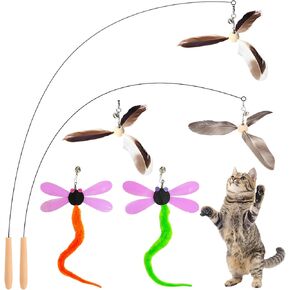 Kingtree Cat Wand Toys for Indoor Cats, Interactive Cat Teaser Toys with 5 Feather Refills, 35'' Flexible Steel Wire Wood Handle Wands, Cat Feather Toys with Bells for Kitten to Play Chase Exercise