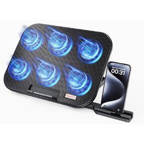HAVIT Laptop Cooling Pad with 6 Quiet Fans and Adjustable Heights for 12-14.1 Inch Laptops, Dual USB Ports, Phone Holder, Efficient Cooling Stand for Heat Dissipation