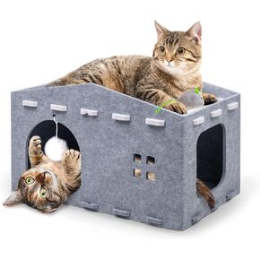 Cat House for Indoor Cat, Cozy Cat Bed Scratch Resistant Peekaboo Cat Cave Foldable Cat Tunnel for Multiple Large Cats Up to 33 Lbs Felt Cat Hideaway for Kitty with Fluffy Ball and Catnip Toy, Camel