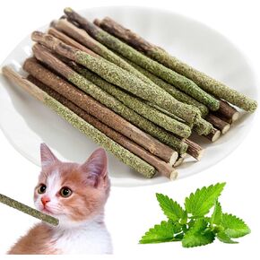 12 sticks/Natural cat toys, catnip and gall fruit flavored silvervine sticks for cats, interactive catnip toys give cat dental treat and cat teeth cleaning, anxiety relief and digestive support