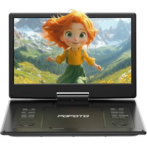 15.7" Portable DVD Player with 14.1" HD Swivel Screen, 6-Hour Rechargeable Battery, Dual Speakers, USB/SD/TV Sync, Supports Multiple Disc Formats, Black