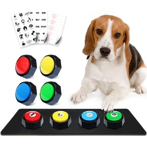 Recordable Buttons, Dog Buttons for Communication, Pack of 4 Colored Buzzers with Mat & 30 Scene Stickers 15 Custom Stickers. Non-Slip Stickers Inside