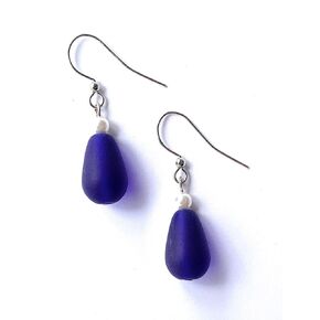 Cobalt Blue Sea Glass Earrings Dangle Teardrops with Pearls for Women Girls Handmade in USA