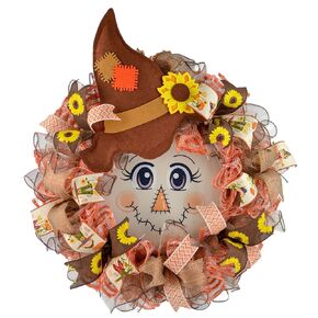 Autumn Wreath, Scarecrow Decor Outdoor, Sunflower Scarecrow Mesh Front Wreath | Thanksgiving Fall Front Door Wreath | Yellow Orange Brown