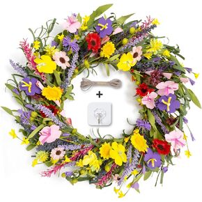 Wreaths for Front Door Clearance 24 Inch Spring Summer Outside Artificial Flower Handmade Wreath with Daisy and Lavender for Indoor Outdoor Reef Home Farmhouse Decor in Kuwait