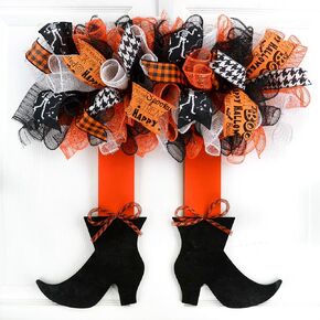 Wreaths for Halloween, Halloween Front Door, Witch Legs Skirt Mesh Front Door Wreath; Orange Black White Plaid