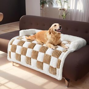 أغطية أريكة الحيوانات الأليفة من LiveGo Fuzzy للأريكة، غطاء أريكة الكلب غطاء أريكة غامض كريمي مربع منقوش سرير الكلب بساط الكلب القطيفة لحماية الأثاث للكلاب والقطط المتوسطة الكبيرة (بني فاتح، 29.5 بوصة * 29.5 بوصة)
