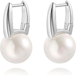 925 Sterling Silver Hoop Handpicked AAA+ Quality 7.5-8mm White Freshwater Cultured Pearl Dangle Drop Earrings Jewelry for Women Girls