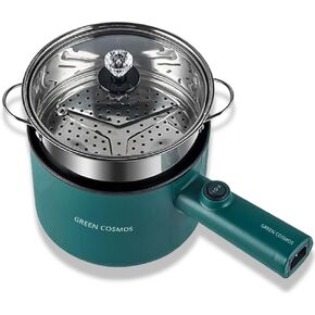 Green Hot Pot Electric with Steamer, Multi-function Cooker, 1.8L Noodle cooker Non-Stick Frying Pan, Electric Pot for Pasta with Adjustable Temprature Control, Over-Heating & Boil Dry Protection