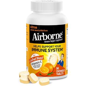 Airborne 1000mg Chewable Tablets with Zinc, Immune Support Supplement with Powerful Antioxidants Vitamins A C & E - 96 Tablets, Citrus Flavor