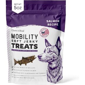 Chew + Heal Labs Dog Salmon Jerky Treats for Hip and Joint - 5 oz of Mobility Soft Dog Jerky Treats - Made with Alaskan Salmon, Turmeric, Glucosamine, Chondroitin, Green Lipped Mussel, and More