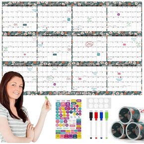 32" x 48" 2025 Wall Calendar Erasable Large Wet & Dry Erase Laminated 12 Month Annual Yearly Wall Planner,JAN 2025 - DEC 2025, Reversible, Horizontal/Vertical with Markers & Planer Stickers