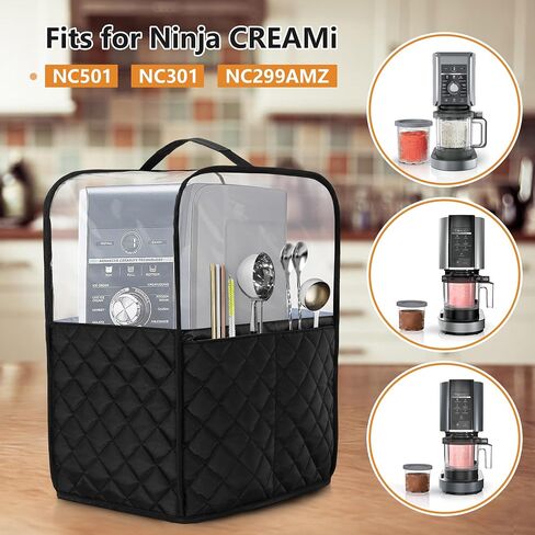 غطاء غبار علوي شفاف من LUXJA متوافق مع Ninja CREAMi NC501، NC301، NC299AMZ، غطاء غبار صانع الآيس كريم متوافق مع آلة صنع الآيس كريم Ninja مع جيوب الملحقات، أسود in Kuwait