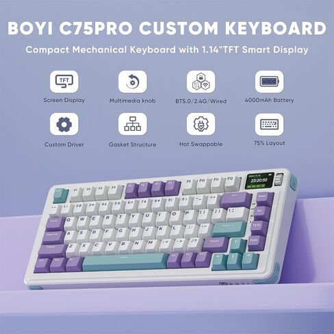 X BOYI C75Pro 75% لوحة مفاتيح ميكانيكية لاسلكية، لوحة مفاتيح ألعاب قابلة للتبديل الساخن مع شاشة TFT ذكية ومقبض RGB بإضاءة خلفية BT5.0/2.4 جيجا هرتز/Type-C لوحة مفاتيح سلكية مخصصة NKRO كريمية (أرجواني-أبيض) in Saudi Arabia