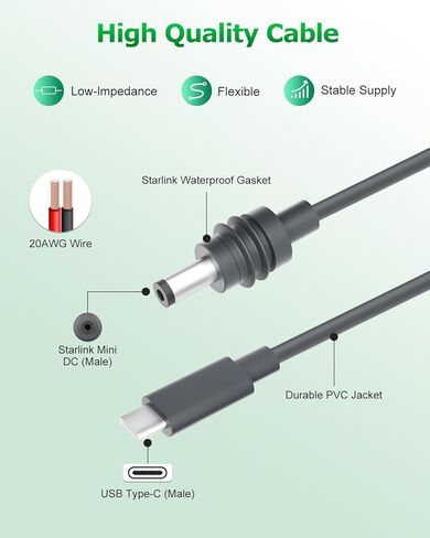 Starlink Mini Cable 10FT Starlink Mini USB C to DC Power Cable Cord 100W Input USB Type C to DC Cable, DC Power Cable Direct to USB-C for Starlink Mini Work with 100W+ PD Source Waterproof 20AWG 3M in Saudi Arabia