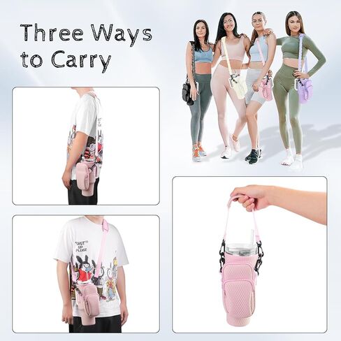 Tyasoleil Water Bottle Carrying Case with Cell Phone Case for Stanley 30/40oz Water Bottle Holder Bag with Adjustable Strap with Carabiner (Pink) in Kuwait