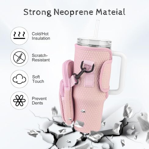 Tyasoleil Water Bottle Carrying Case with Cell Phone Case for Stanley 30/40oz Water Bottle Holder Bag with Adjustable Strap with Carabiner (Pink) in Kuwait