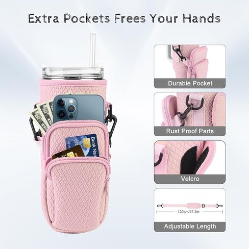 Tyasoleil Water Bottle Carrying Case with Cell Phone Case for Stanley 30/40oz Water Bottle Holder Bag with Adjustable Strap with Carabiner (Pink) in Kuwait