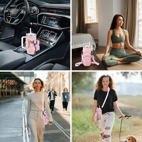 Tyasoleil Water Bottle Carrying Case with Cell Phone Case for Stanley 30/40oz Water Bottle Holder Bag with Adjustable Strap with Carabiner (Pink) in Kuwait