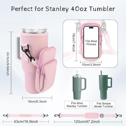 Tyasoleil Water Bottle Carrying Case with Cell Phone Case for Stanley 30/40oz Water Bottle Holder Bag with Adjustable Strap with Carabiner (Pink) in Kuwait