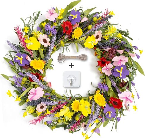 Wreaths for Front Door Clearance 24 Inch Spring Summer Outside Artificial Flower Handmade Wreath with Daisy and Lavender for Indoor Outdoor Reef Home Farmhouse Decor in Kuwait