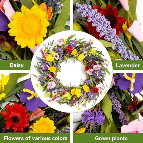 Wreaths for Front Door Clearance 24 Inch Spring Summer Outside Artificial Flower Handmade Wreath with Daisy and Lavender for Indoor Outdoor Reef Home Farmhouse Decor in Kuwait