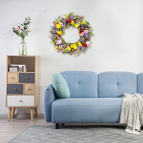 Wreaths for Front Door Clearance 24 Inch Spring Summer Outside Artificial Flower Handmade Wreath with Daisy and Lavender for Indoor Outdoor Reef Home Farmhouse Decor in Kuwait