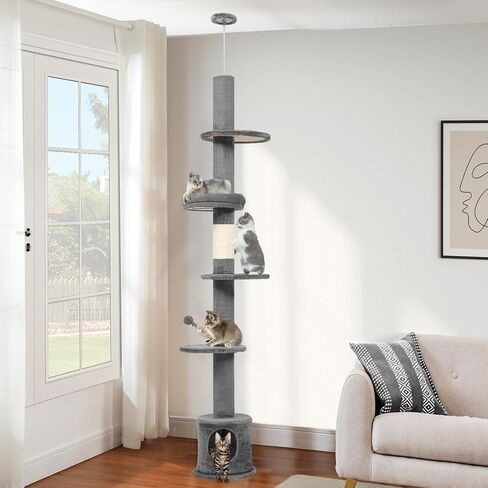 YITAHOME Floor to Ceiling Cat Tree Tower Height Adjustable, Tall Skinny Cat Tower with Scratching Post, Cozy Condo, Platforms and Spring Ball, Cat Poles for Indoor Cats Kitten, Green in Saudi Arabia
