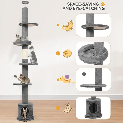 YITAHOME Floor to Ceiling Cat Tree Tower Height Adjustable, Tall Skinny Cat Tower with Scratching Post, Cozy Condo, Platforms and Spring Ball, Cat Poles for Indoor Cats Kitten, Green in Saudi Arabia