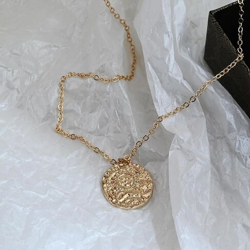 Gold Plated Coin Necklace with Sun Pattern, Circle Golden Sun Pendant Necklace Coin Necklaces for Women Trendy in Saudi Arabia
