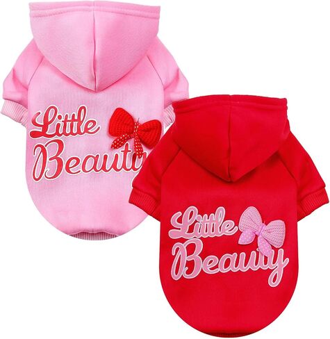 BAEJMJK 2 Pack Dog Hoodie with Hat Bowtie Girl Dog Sweatshirt with Leash Hole Soft Warm Pet Clothes Sweaters Dog Jacket Puppy Coat Doggie Apparel for Fall Winter Small Dogs Cats(Pink+Red,Small) in Saudi Arabia